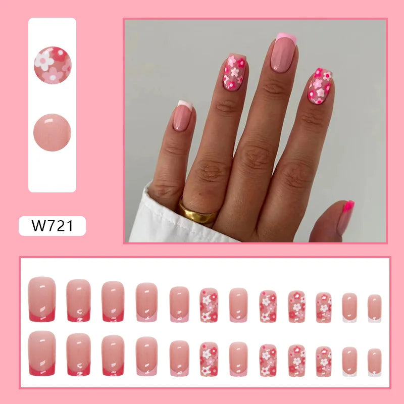 Sweet French 24 Pcs Press on Nails Pink Gradient Fake Nails Glossy Artificial Finger Manicure Reusable False Nails for Women