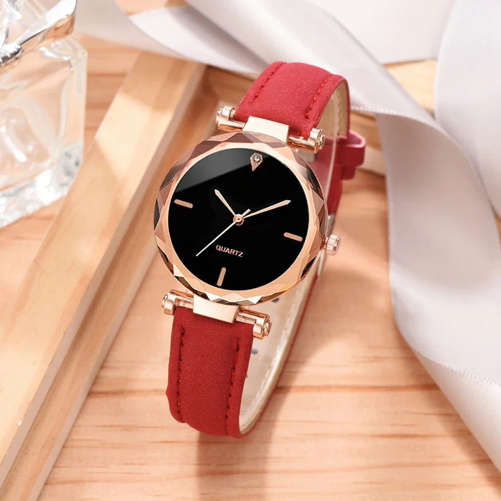 Luxury Fashion Women Watch Set PU Leather Strap Ladies Quartz Wristwatch Rhinestone RoseGold Alloy Bracelet For Ladies Gift