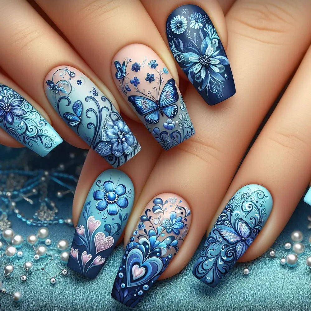 24Pcs Sweet Cool Coffin Fake Nails Butterfly Flower Acrylic Nail Glitter Glossy False Nail Full Cover Autumn Press on Nails Tips