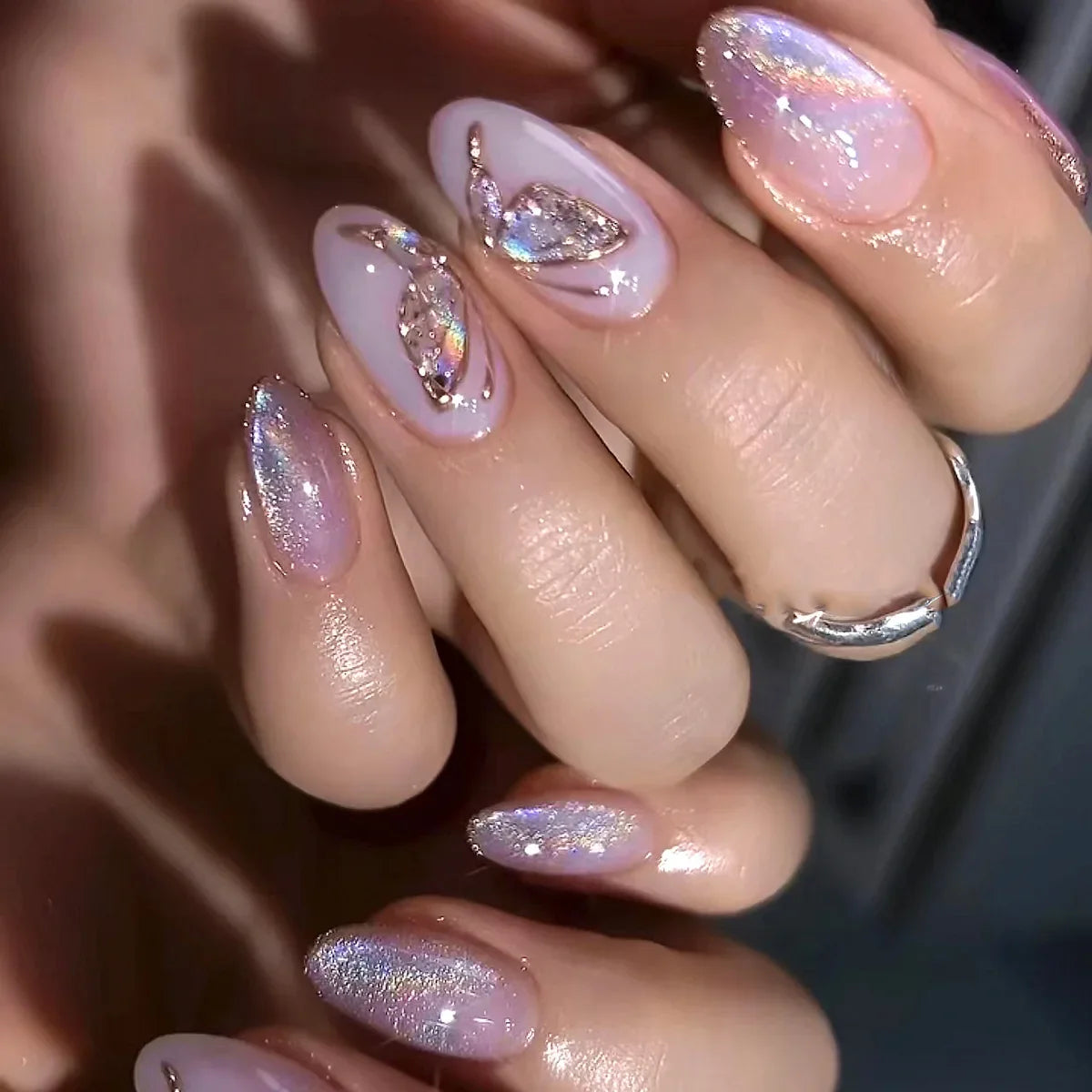 24Pcs Sweet Spice Girl Almond Press on Fake Nails Sun Star Eye False Nails Full Cover Gold Chrome Powder Artificial Nail Art Tip