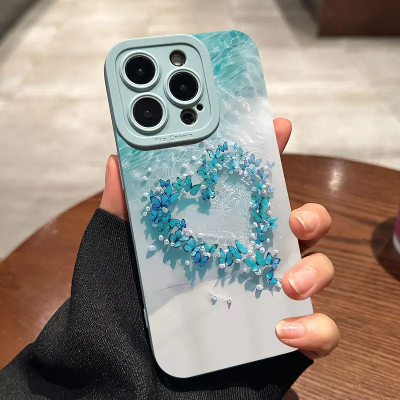 Blue Butterfly Ocean Waves Phone Case For iPhone 16 15 Pro Max 14 13 12 11Pro Max  Mini X XS XR 7 8 Plus SE Silicone Soft Cover