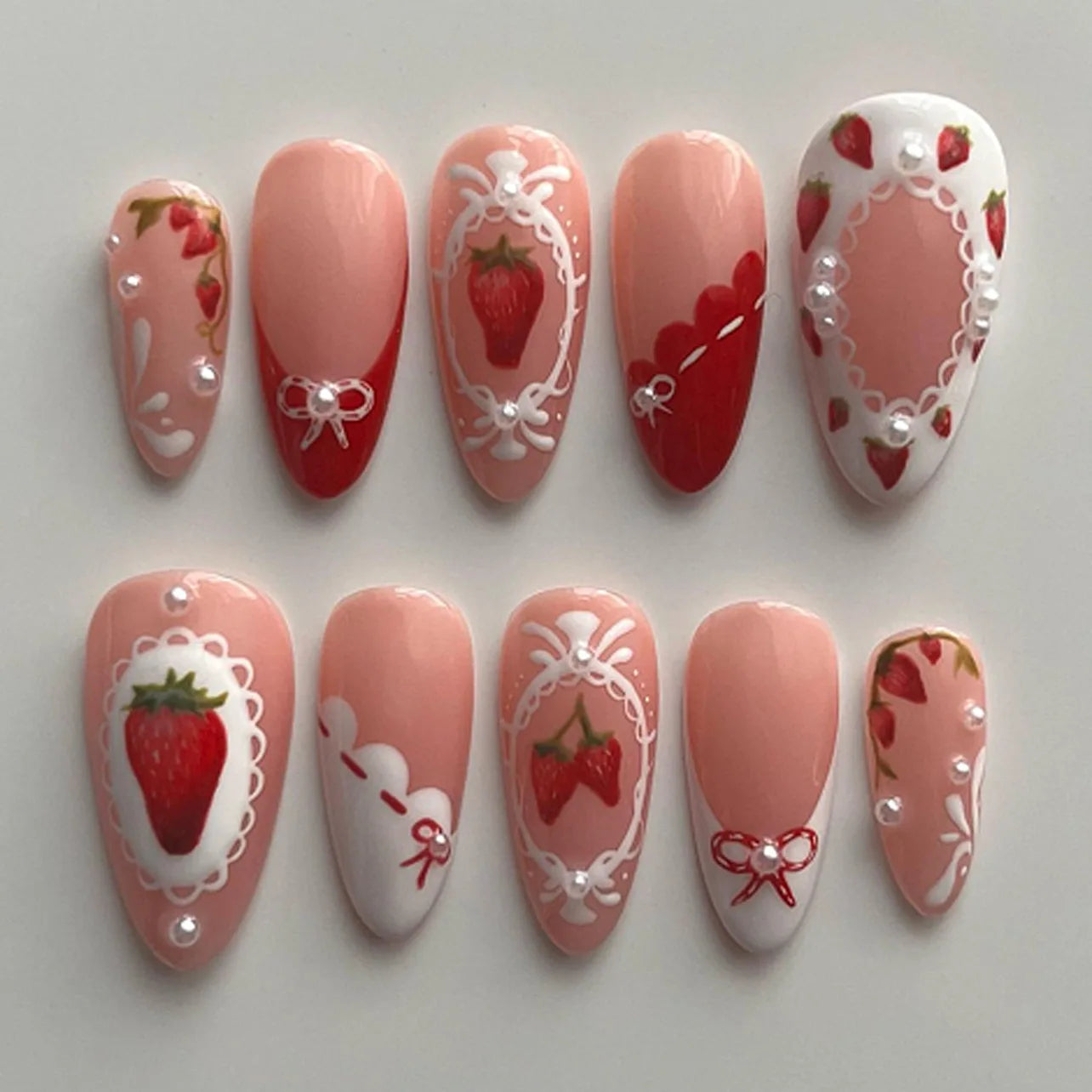 24Pcs Sweet Almond Nails Set Press On Nails Cute Mini Flower False Nail Floral Bow Diamond Full Cover Artificial Nails Art Tips