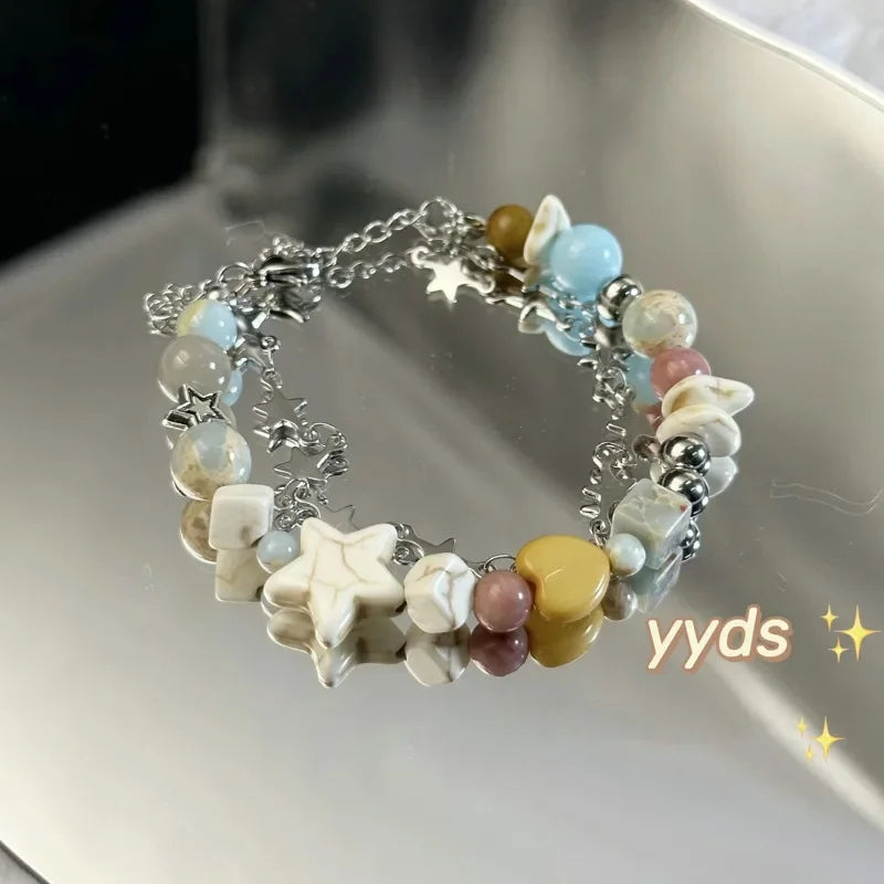 Women Summer Dopamine Sweet Cool Rhinestone Stars Bracelets Cute Cartoon Black Cat Heart Beads Bracelet Fashion Jewelry Gifts