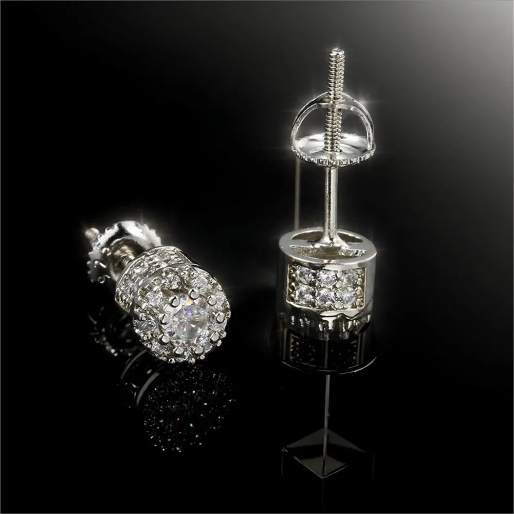 Hippie Iced Out Studs Earrings For Men Punk Silver Color Round Cubic Zirconia Earings Shiny Gold Color Jewelry Gift Male OHE174