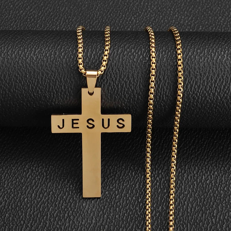 Catholic Jesus Cross Stainless Steel Pendant Necklace for Men Women Vintage Christian Prayer Jewelry
