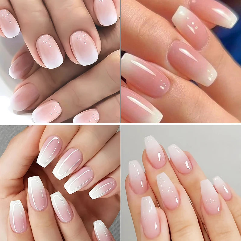 24pcs Milky Jelly Gradient Fake Nails French Nail Waterproof Faux Medium Coffin False Nails Fingernails Press On Nails Tips
