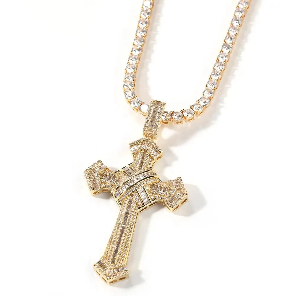 Shiny Ice Crystal Zircon Christian Cross Pendant Men and Women Hip Hop Trend Jewelry Catholic Amulet Necklace