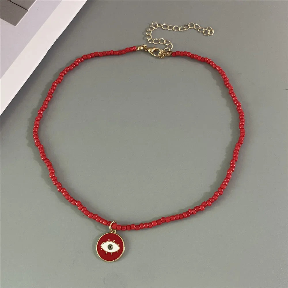Lucky Handmade Necklace Popular Turkeky Eye Pendant Choker Colorful Rice Beadds Neck Jewelry