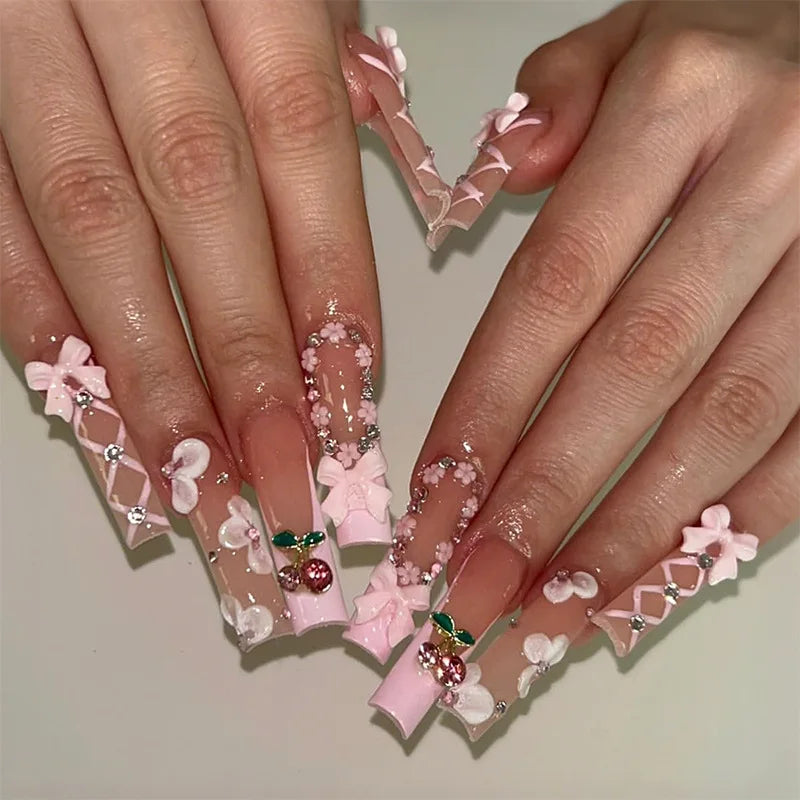 24Pcs Sweet Cool Spice Girl Press on Nails Black French Bow False Nails Y2k Star Glitter Diamond Nail Long Square Gel Fake Nails