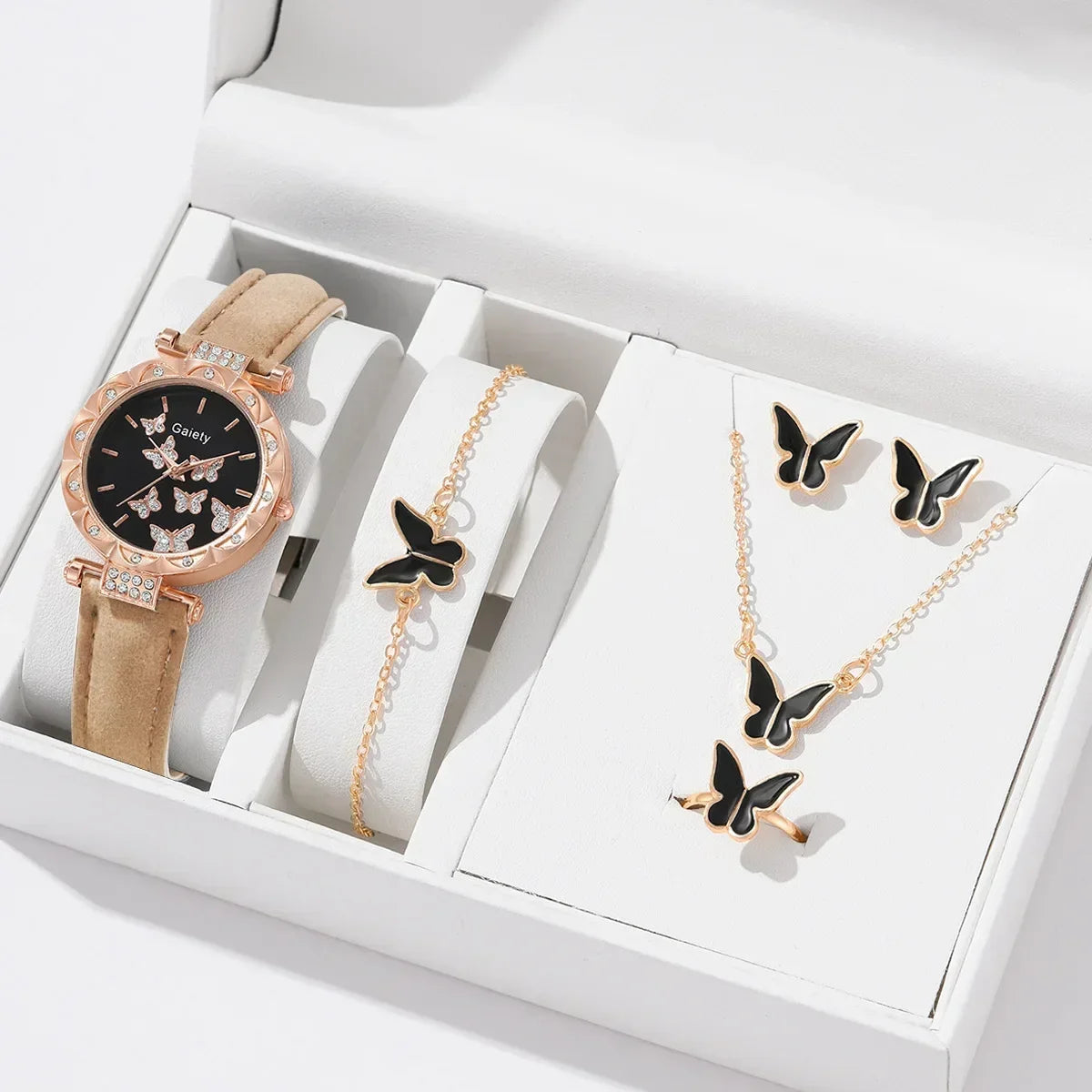 1/6PCS Set Luxury Watch Women Ring Necklace Earrings Rhinestone Fashion Wristwatch Ladies Casual Watches Bracelet Set Clock
