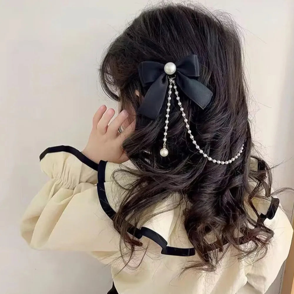 Sweet Princess Style Pink Pearls Chain Bow Hair Clip Women Children's Cute Back Head Hairpins Hair Clips Girls Hair Accessories