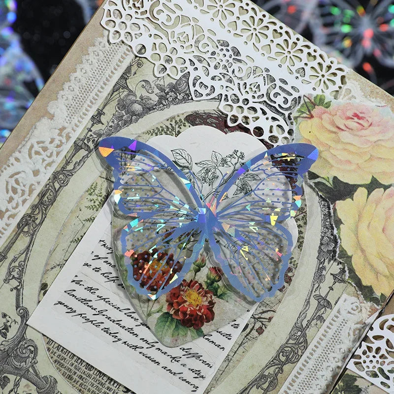 20pcs PET Butterfly Transparent Silver Color Stickers, Holographic Laser Decals for Luggage Laptop Phone Case Mug Decoration