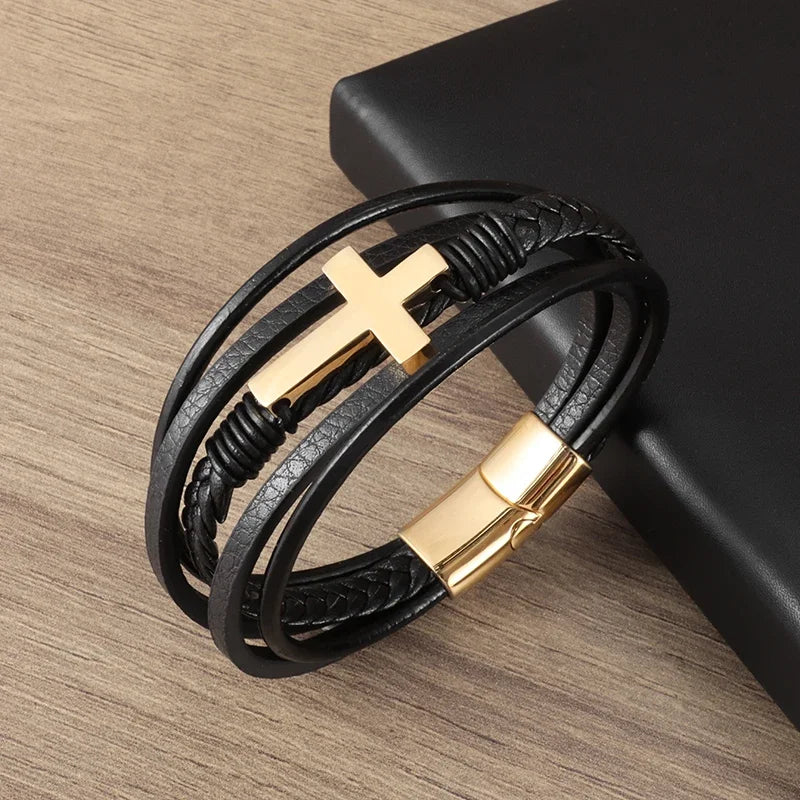 Vintage Hand Woven Eco-Friendly Leather Cross Bracelet with Magnetic Clasp Men\'s Fashion Pendant Religious Amulet Jewelry