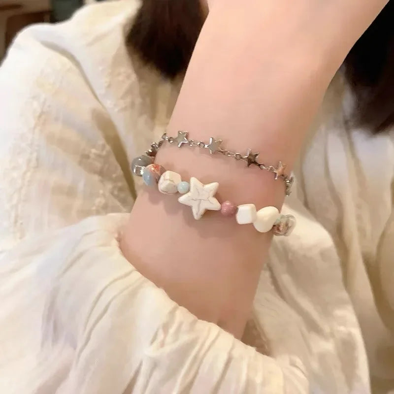 Women Summer Dopamine Sweet Cool Rhinestone Stars Bracelets Cute Cartoon Black Cat Heart Beads Bracelet Fashion Jewelry Gifts