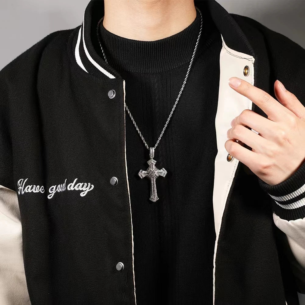 Shiny Ice Crystal Zircon Christian Cross Pendant Men and Women Hip Hop Trend Jewelry Catholic Amulet Necklace