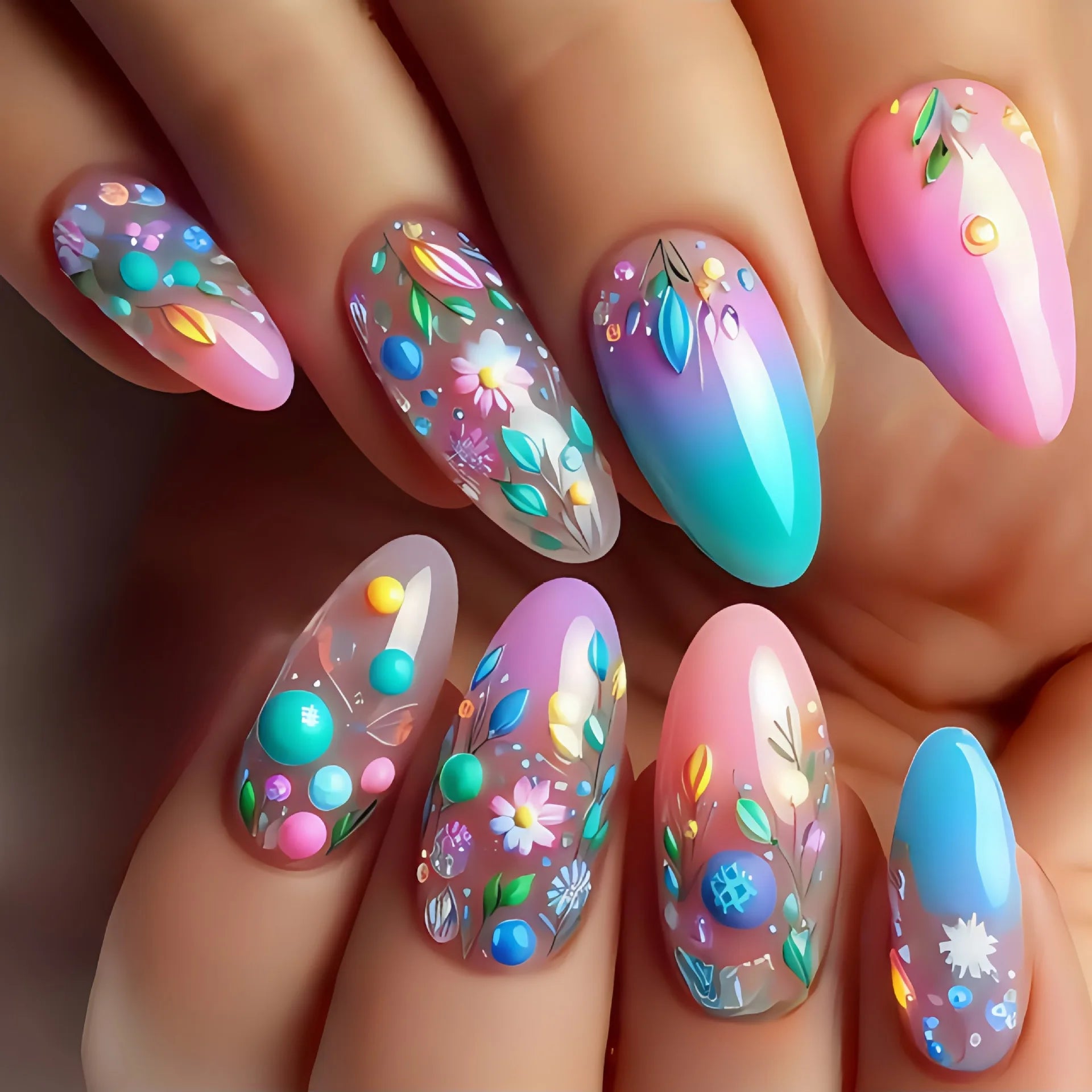 24Pcs Almond Head Press on Nails Fashionable Nail Art Colorful Gradient Flowers False Nails Dreamy Summer Nails Fun Fake Nail