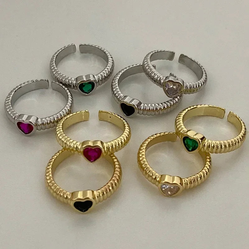 Silver Colorful Zircon Heart Rings for Women Cute Fine Jewelry Minimalist Adjustable Accessories Gift