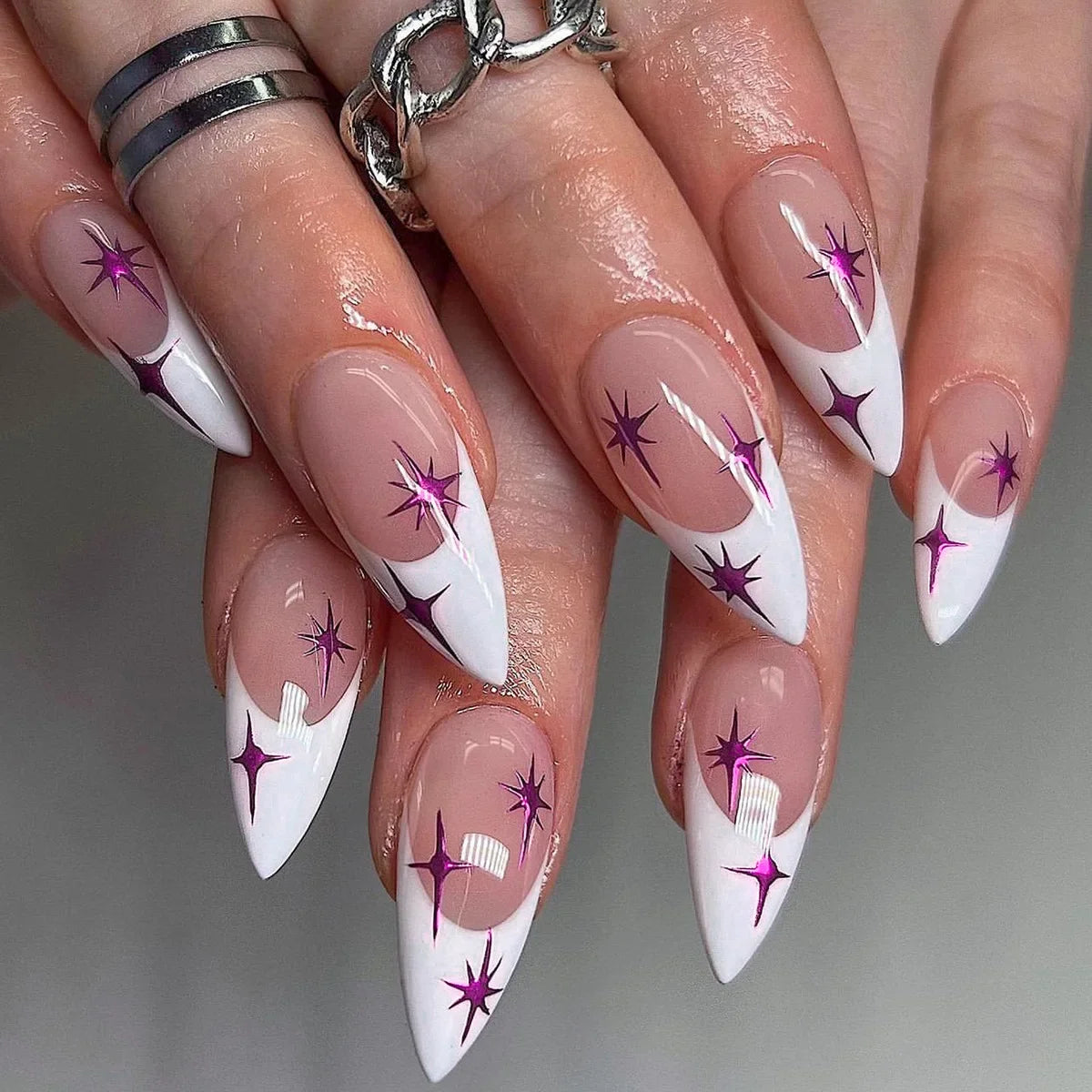 24pcs detachable sweet cool ballet false nails with star y2k designs acrylic press on nails coffin almond fake nails with glue