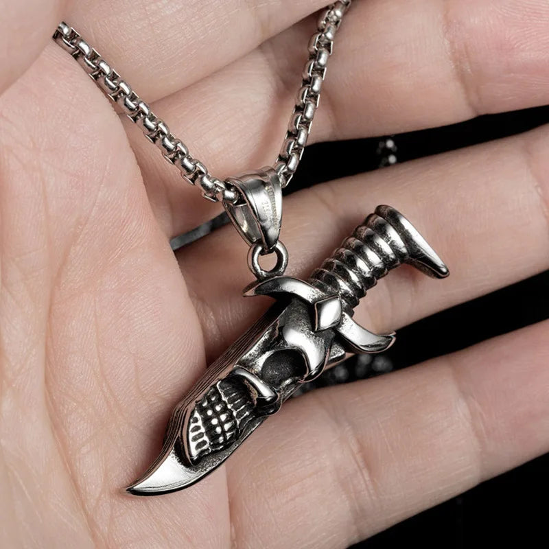 Men's Necklace Stainless Steel Dagger Skull Pendant Vintage hip-hop Jewelry Silver Color Male Neck Chain Punk Jewelry Wholesale