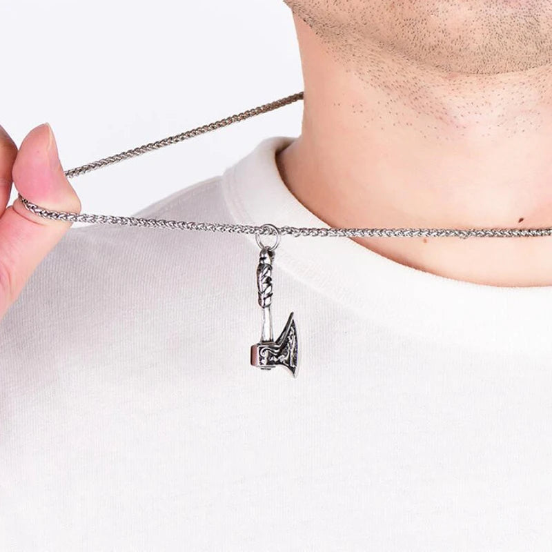 Punk Style men's Necklace With Viking Axe Pendant Silver Color Vintage Wolf Pattern Hip Hop Rock Jewelry Neck Accessories Gifts