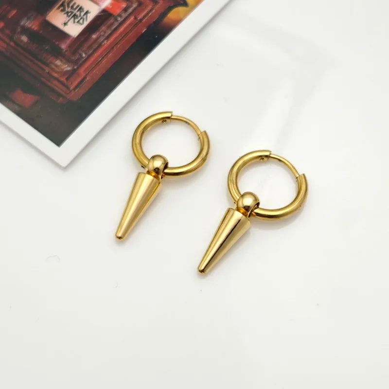 Rock Cone Pendant Hoop Earrings Women Men Stainless Steel Geometric Cartilage Single Earring Hip Hop Piercing Jewelry