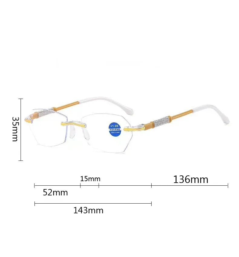 New Rimless Diamond Cutting Presbyopic Glasses Ladies Anti Blue Light Ultra Light Reading Glasses +1.0+1.5+2.0+2.5+3.0+3.5+4.0