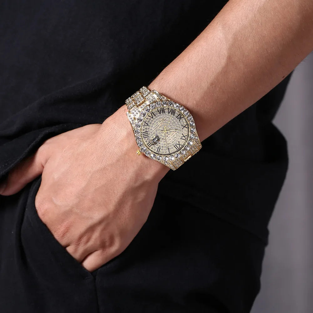 Hip Hop Diamond Bling Watch Men Gold Color Men’s Quartz Watches Luxury Male Clock Relogio Masculino Dropshipping Gifts