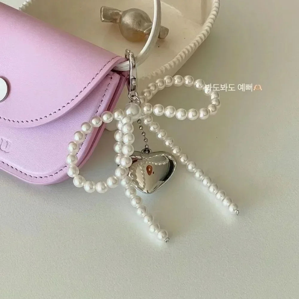 Blue Pink Lattice Ribbon Keychains Bowknot Pearls Heart Bag Pendant Elegant Beaded Keyring Y2k Sweet Korea Jewelry Accessories
