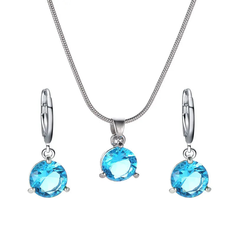 New Fashionable Temperament Jewelry Necklace and Earrings Two-piece Set Round Multi-color Zircon Pendant Set