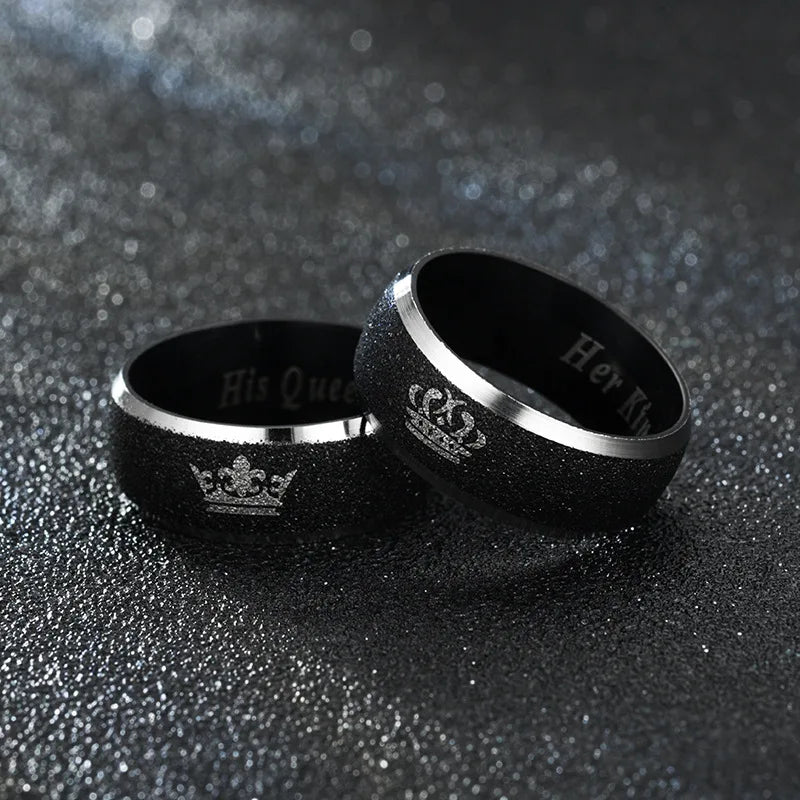 Black Frosted Stainless Steel Couple Rings Queen Men and Women Rings Fashion Romantic Couple Rings Jewelry Wholesale
