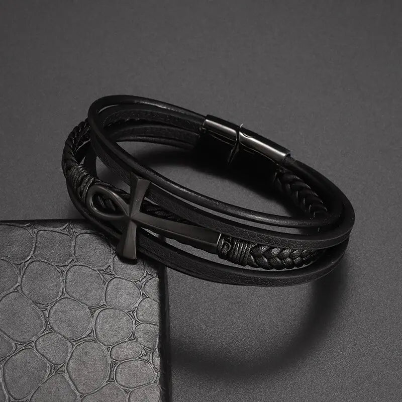 Vintage Hand Woven Eco-Friendly Leather Cross Bracelet with Magnetic Clasp Men\'s Fashion Pendant Religious Amulet Jewelry