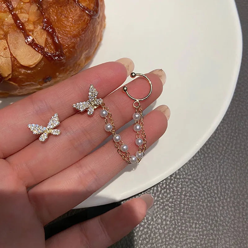 Korean Rhinestone Butterfly Stud Earrings For Women Girls Cute Fashion Metal Cuff Chain Tassel Boucle D'oreille Jewelry