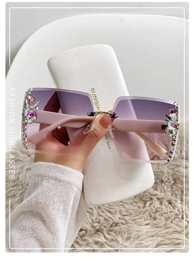 Fashion Oversized Square Sunglasses Women Luxury Brand Vintage Rimless Sun Glasses Diamond Decoration Eyeglasses UV400 Gafas