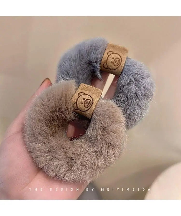 Autumn and Winter Plush Patch Bear Towel Ring Hair Tie Korean Style Hair Accessories Headband Thick High Elastic Hair Rope