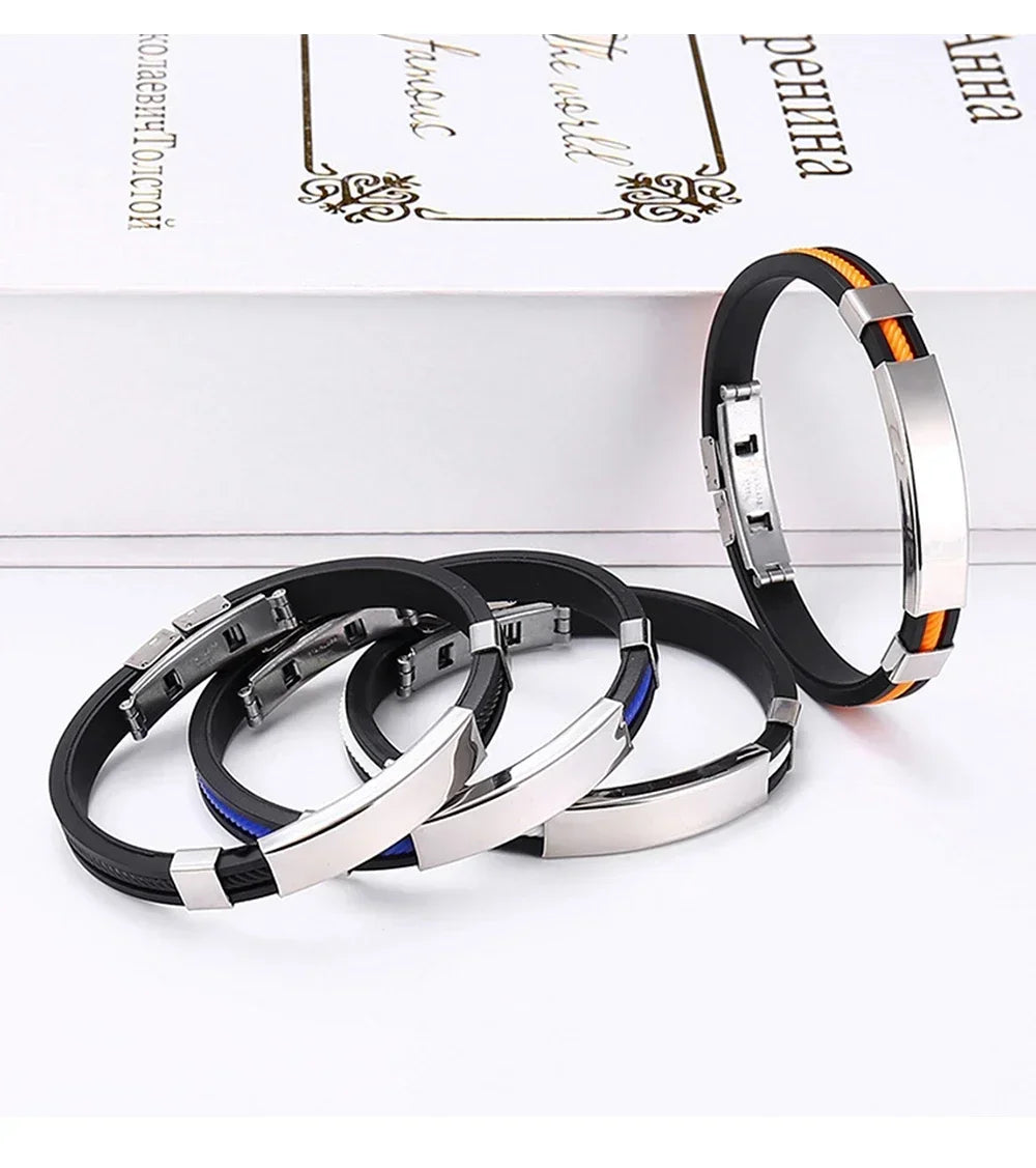Fashion Men Silicone Bracelet Stainless Steel Bracelet on Hand for Couple Unisex Wrist Chain Jewelry