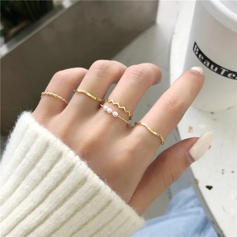 1Set Boho Gold Color Heart Rings Set For Women Vintage Geometric Cross Pearl Butterfly Finger Rings Female Trendy Jewelry Gift