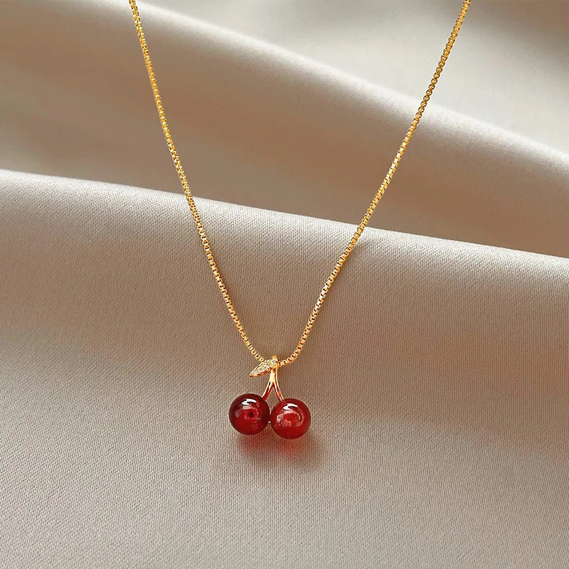 Wine Red Cherry Gold Color Pendant Necklace Earrings set For Women Personality Fashion Necklace Wedding Jewelry Birthday Gifts