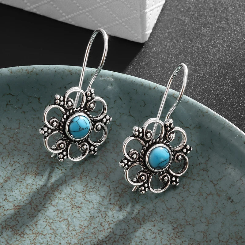 Beautifully Inlaid Blue Turquoise Flower Hypoallergenic Earrings for Women Stylish Elegant Banquet Jewelry