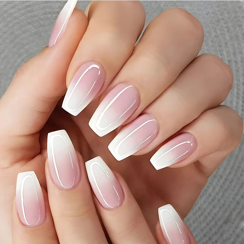 24pcs Milky Jelly Gradient Fake Nails French Nail Waterproof Faux Medium Coffin False Nails Fingernails Press On Nails Tips
