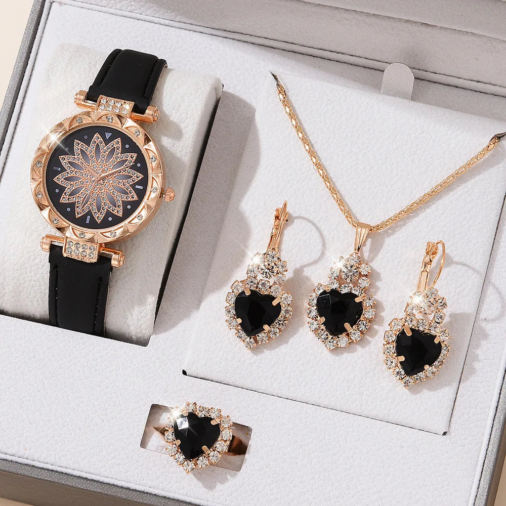 Ladies Watch 5pcs Set Watches for Women Leather Band Simple Casual Women's Analog WristWatch Bracelet Gift Montre Femme (No Box)