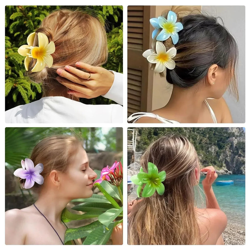 Hawaiian Flower Crab Hair Clips for Women Plumeria Barrettes Large Hair Claw for Thin/Thick Beach Hair Accessories for Girls 8cm