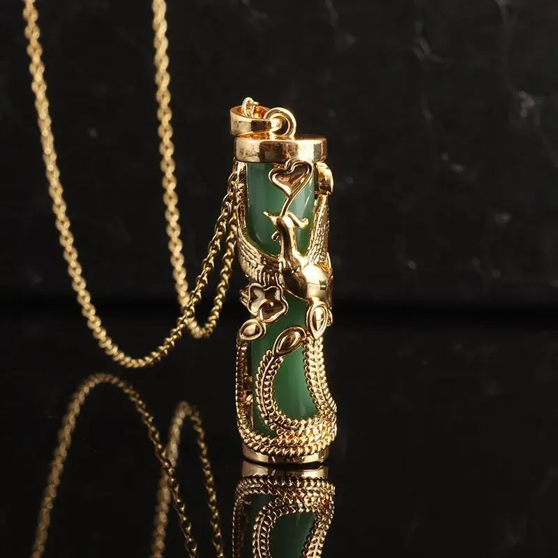 Exquisite Luxury Bamboo Imitation Jade Dragon Column Phoenix Necklace Suitable for Men and Women's Fashionable Charm Jewelry