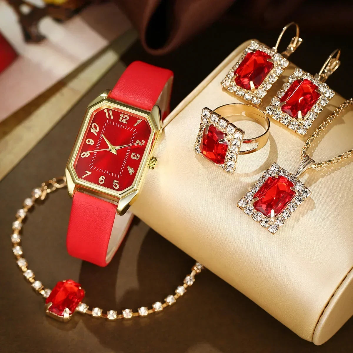 2024 New Leisure Fashion Leather Women's Business Square Quartz Watch Korean Rhinestone Jewelry Set Reloj Mujer Elegante