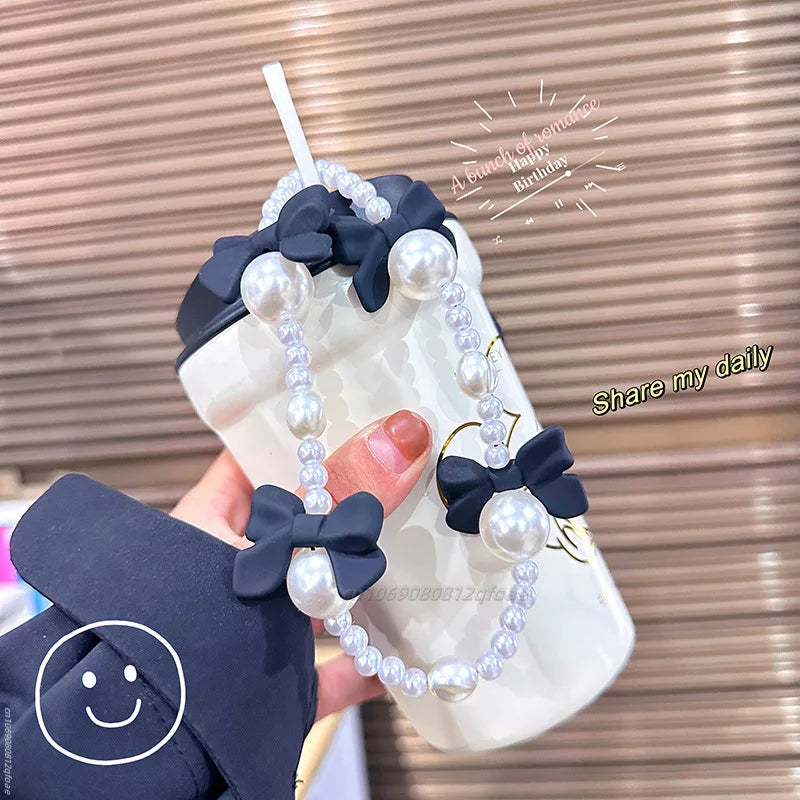 1pc Charm Bowknot Mobile Phone Chains For Women Girls Telephone Charm Strap Pink Black Acrylic Pearl Beaded Lanyard Jewelry Gift