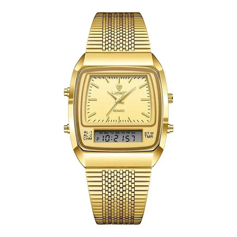 New Golden Steel Strap Quartz Sport Watch Mens Dual Time Week Display Digital Wristwatches Waterproof Clock Reloj Hombre