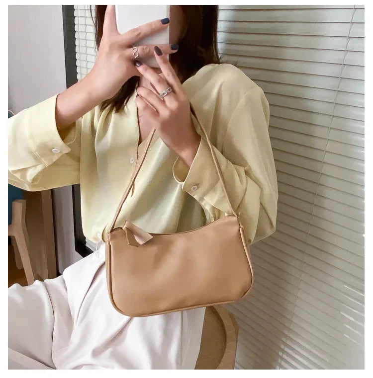 New PU Leather Women's Handbags Solid color Underarm Bag Fashion Armpit Shoulder Bag Simple Design Girls Small Shoulder Bags