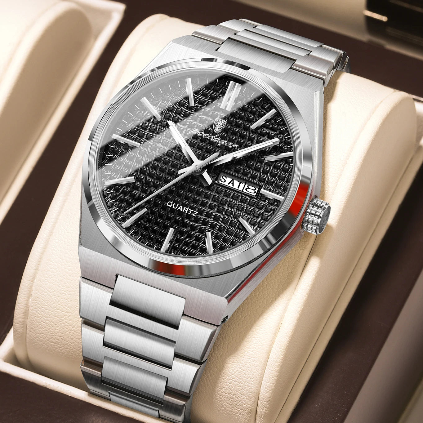 POEDAGAR Luxury Men Watch Date Week Waterproof Luminous Stainless Steel Watch For Man Casual Quartz Men's Watches Male Sport+Box