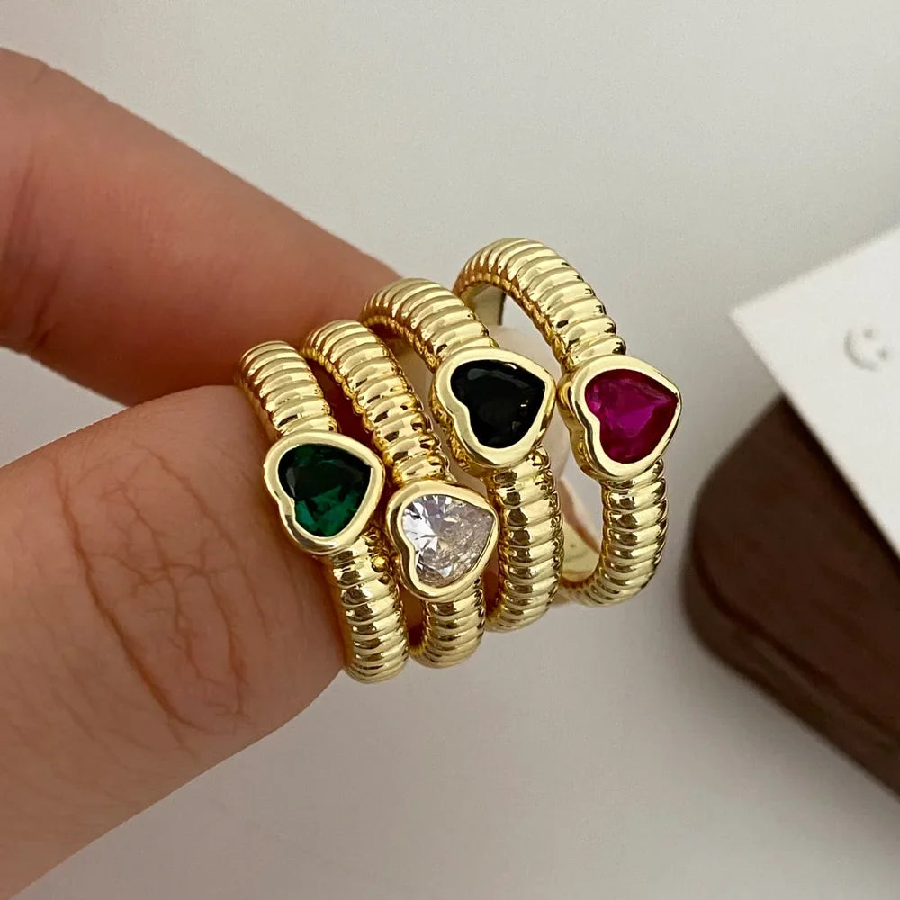 Silver Colorful Zircon Heart Rings for Women Cute Fine Jewelry Minimalist Adjustable Accessories Gift