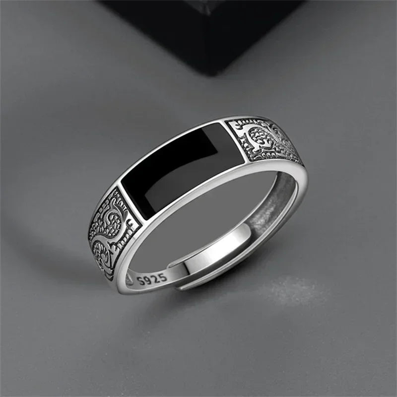 Trendy Vintage 925 Silver Ring for Men Jewelry Black Rectangle Retro Dragon Pattern Ring Male Rings Adjustable