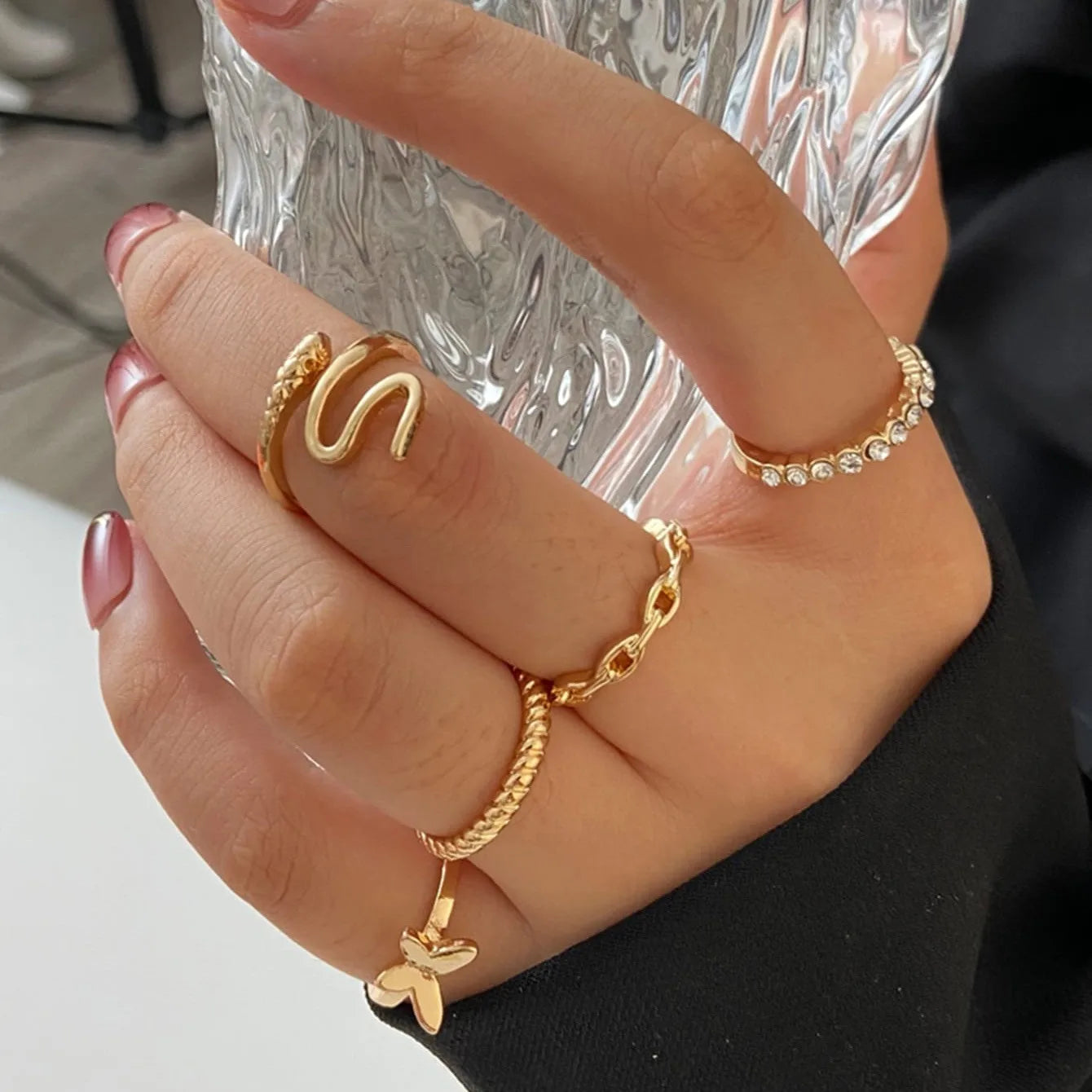 Vintage Korean Gold Silver Color Pearl Rings Set Jewelry For  Girls Butterfly Hollow Heart  Ring For Women Accessories
